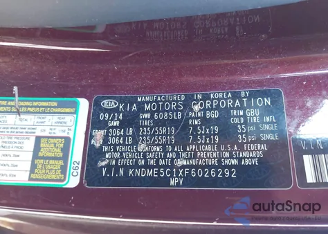 2015 Kia Sedona Sx Luxury из США, поврежденный, VIN KNDME5C1XF6026292